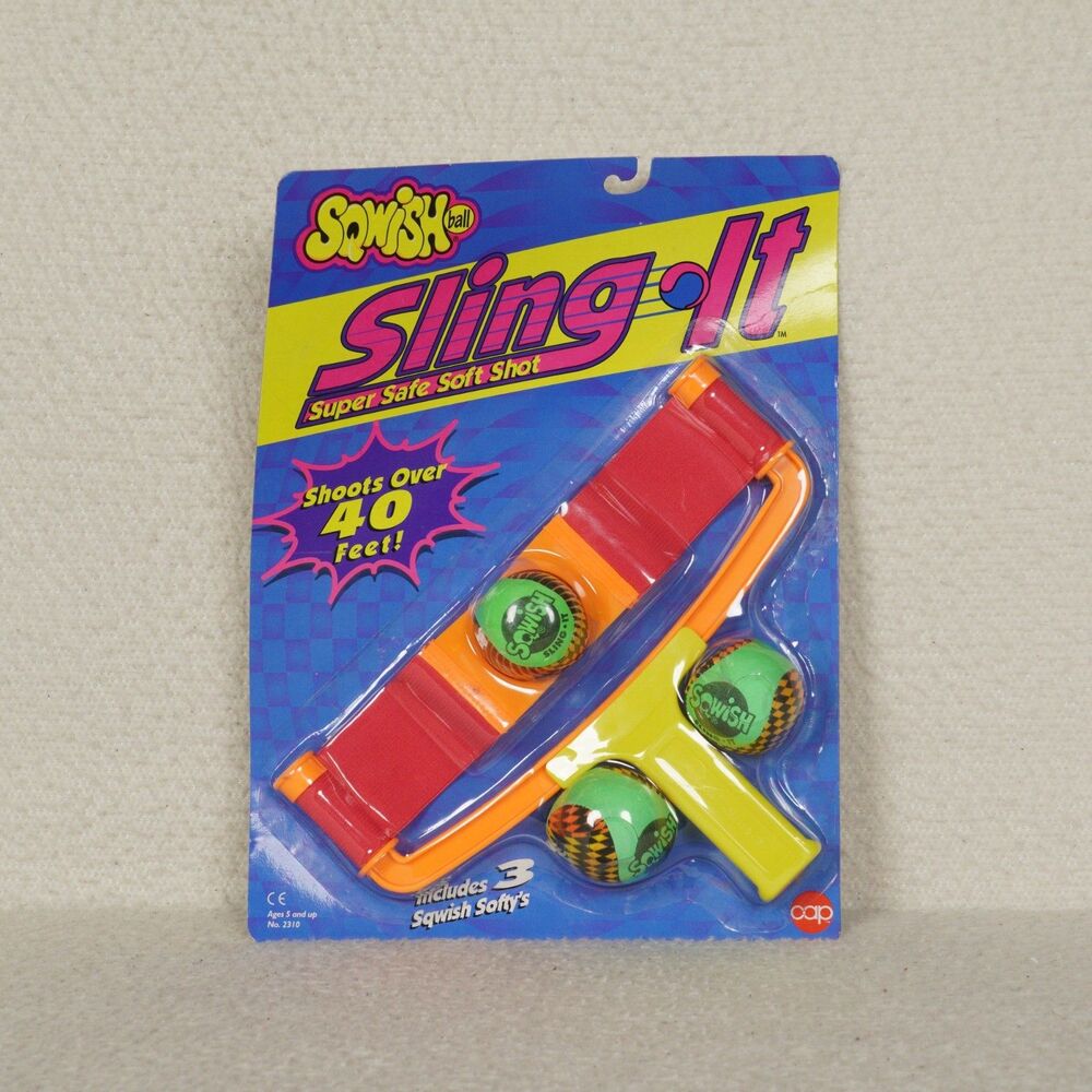 Vintage Sqwish Ball Sling-It Toy Slingshot Includes Softy's Cap Toys 1994 Sealed